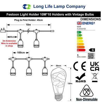 10 Bulb 10M Outdoor LED Festoon String Lights Fairy Coloured Vintage Bulbs - Free delivery on all orders