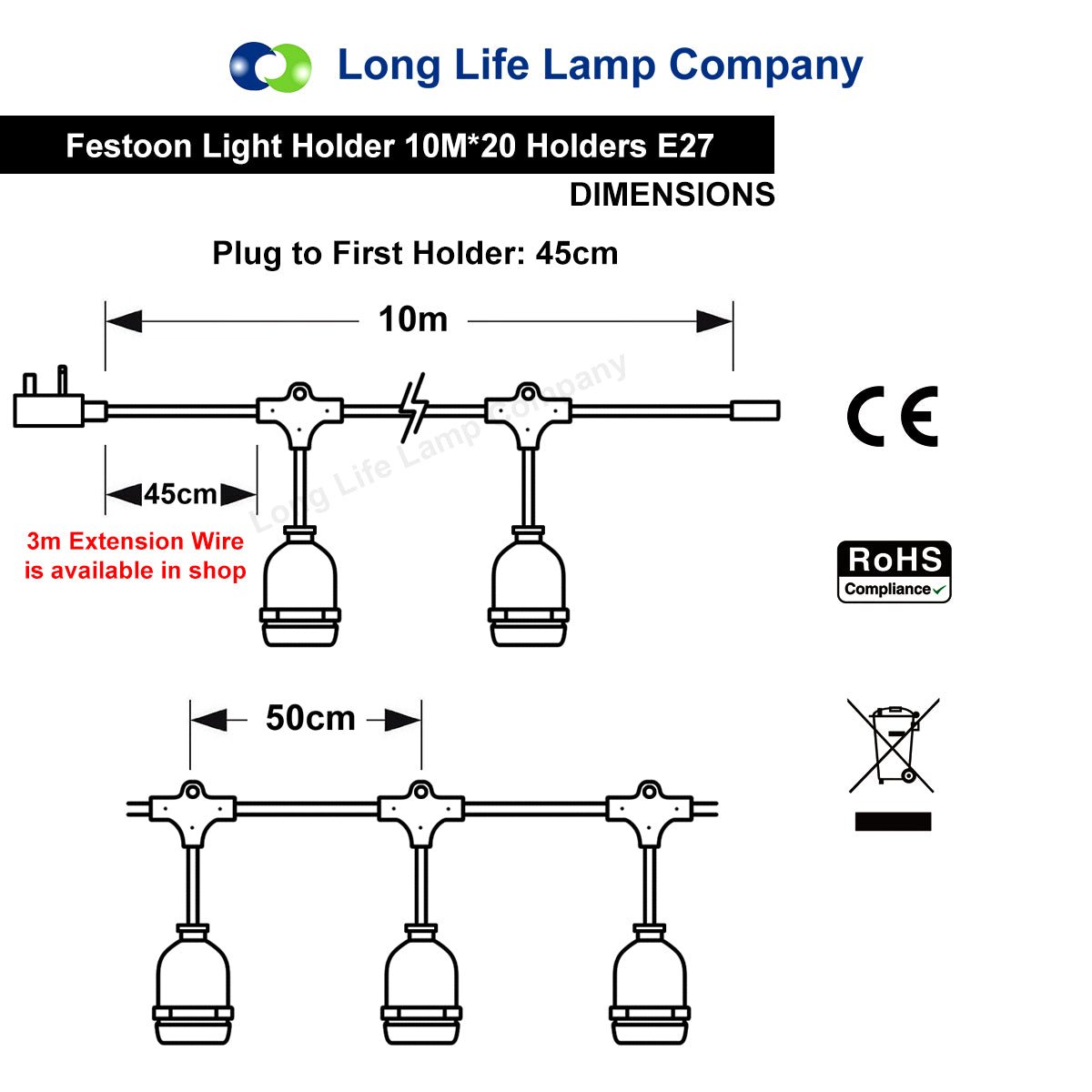 10 metre Outdoor String Light Bulb Holders 20 Lamp Weatherproof Festoon Light Fittings - Energy Light Bulbs - Free delivery on all orders