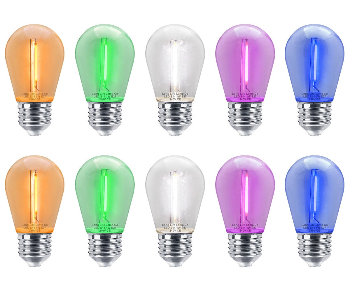 10 Pack 1w LED Mixed Coloured Lights Bulbs Edison Screw E27 Vintage Filament Decorative Festoon Lamps - Energy Light Bulbs - Free delivery on all orders
