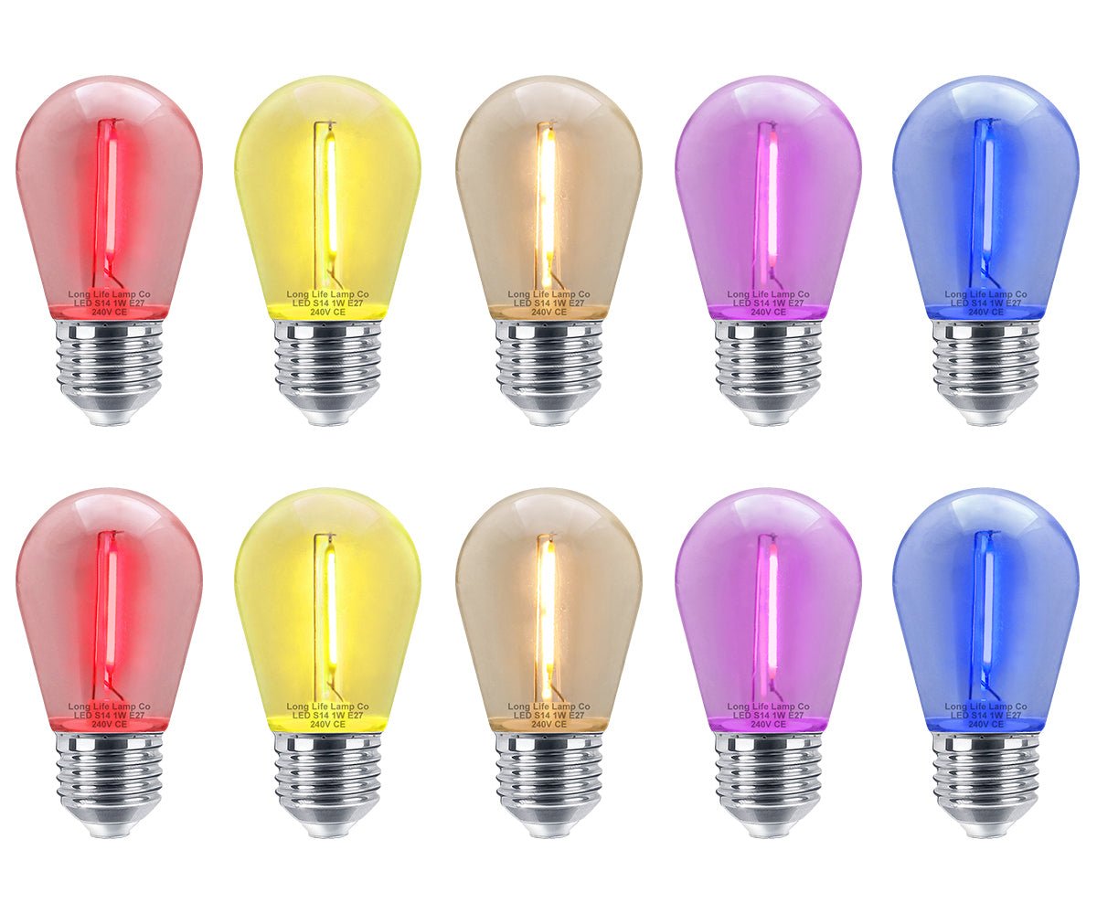 10 Pack 1w LED Mixed Coloured Lights Bulbs Edison Screw E27 Vintage Filament Decorative Festoon Lamps - Energy Light Bulbs - Free delivery on all orders