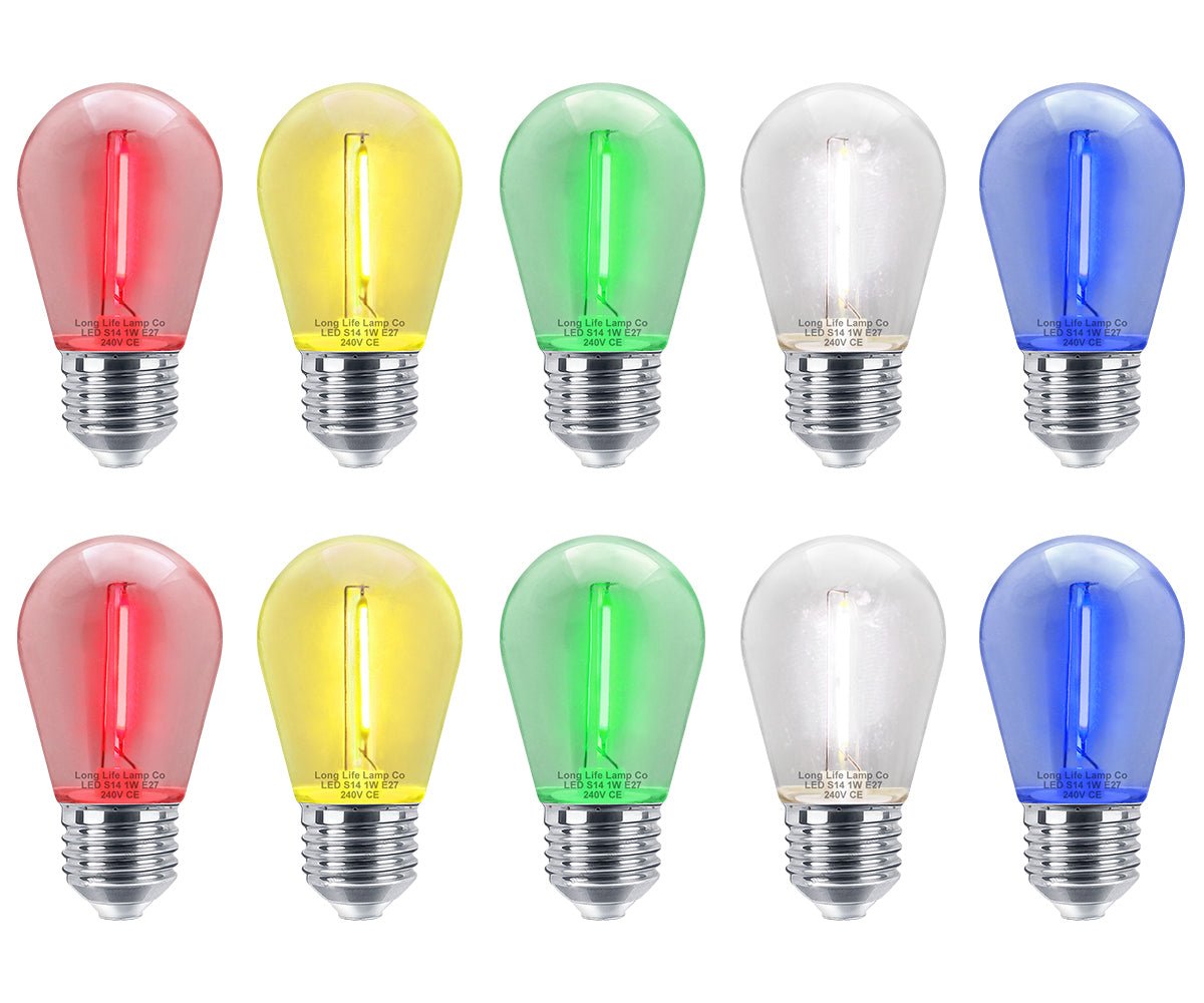 10 Pack 1w LED Mixed Coloured Lights Bulbs Edison Screw E27 Vintage Filament Decorative Festoon Lamps - Energy Light Bulbs - Free delivery on all orders