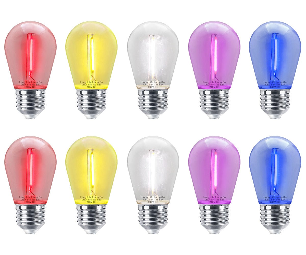 10 Pack 1w LED Mixed Coloured Lights Bulbs Edison Screw E27 Vintage Filament Decorative Festoon Lamps - Energy Light Bulbs - Free delivery on all orders