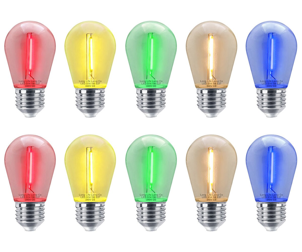 10 Pack 1w LED Mixed Coloured Lights Bulbs Edison Screw E27 Vintage Filament Decorative Festoon Lamps - Energy Light Bulbs - Free delivery on all orders