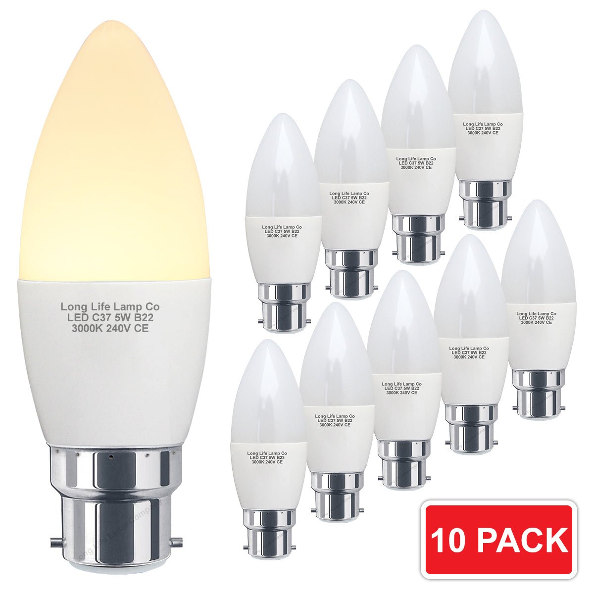 10 PACK 5W Energy Saving C37 LED Candle Light Bulb 3000K B22 - Energy Light Bulbs - Free delivery on all orders