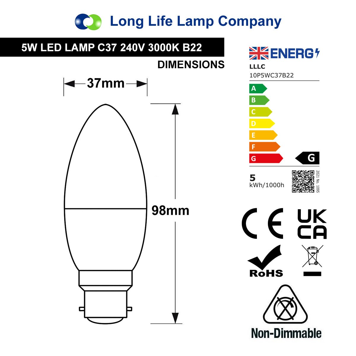 10 PACK 5W Energy Saving C37 LED Candle Light Bulb 3000K B22 - Free delivery on all orders