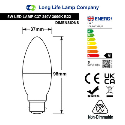 10 PACK 5W Energy Saving C37 LED Candle Light Bulb 3000K B22 - Free delivery on all orders