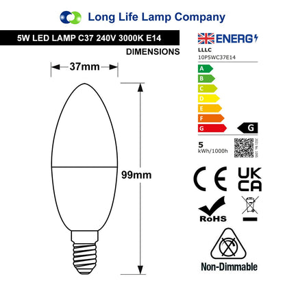 10 PACK 5W Energy Saving C37 LED Candle Light Bulb 3000K E14 - Free delivery on all orders