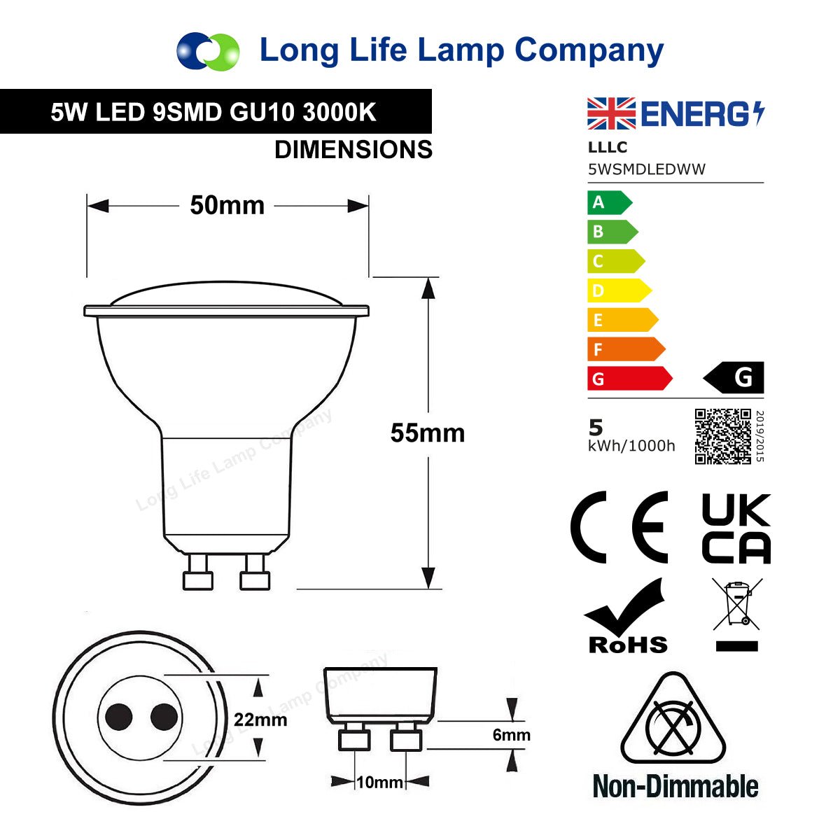 10 Pack 5w SMD LED GU10 High Brightness Warm White 3000K - Energy Light Bulbs - Free delivery on all orders