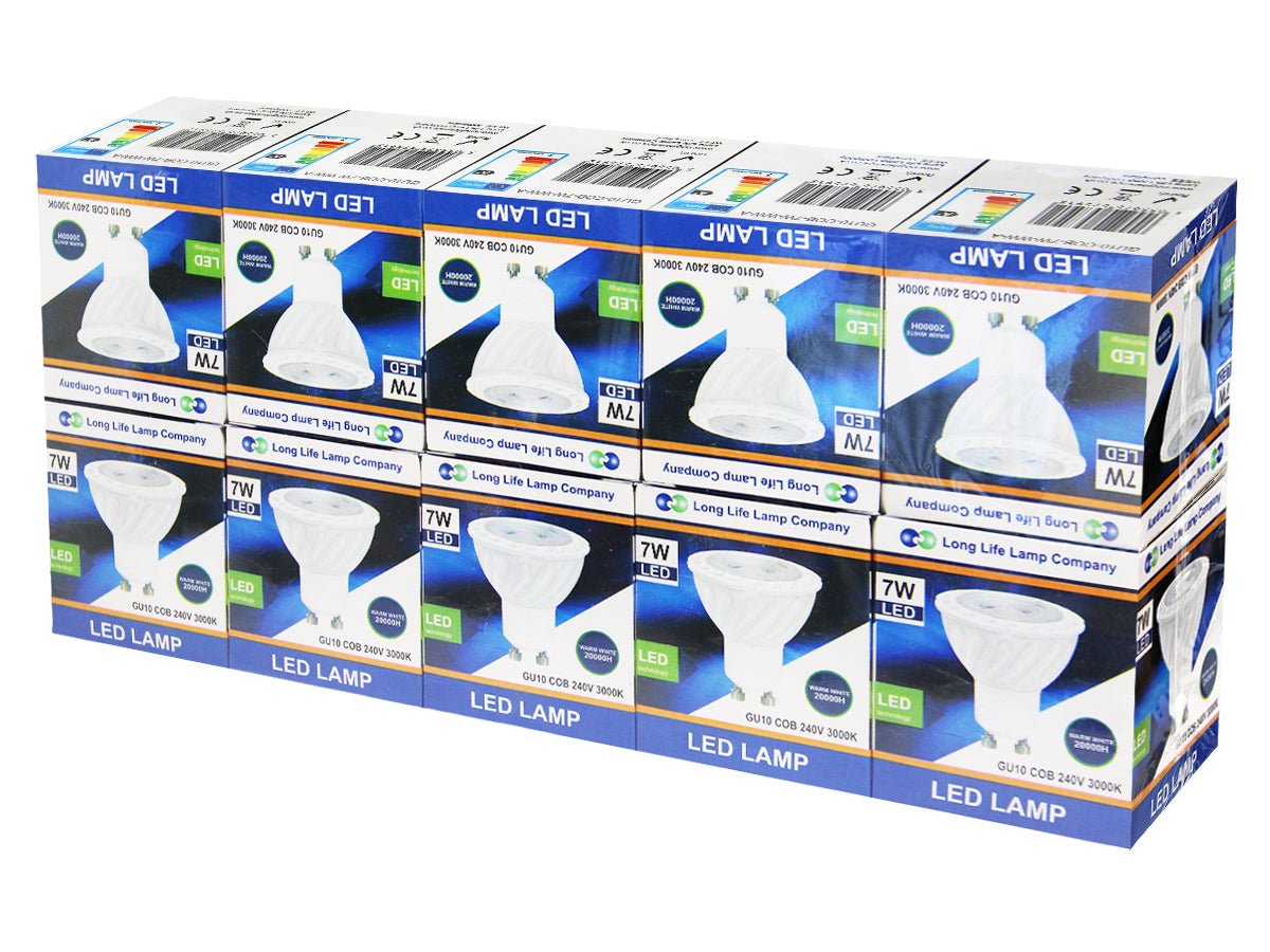 10 Pack 7w COB LED GU10 Replacement 65w Halogen Warm White - Energy Light Bulbs - Free delivery on all orders