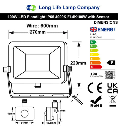 100W LED Floodlight Black Natural White 4000K with Detachable PIR Sensor - Energy Light Bulbs - Free delivery on all orders