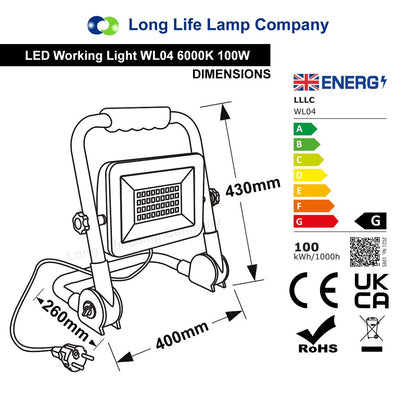 100W LED Portable Flood Work Light 240V IP65 6000K - Energy Light Bulbs - Free delivery on all orders