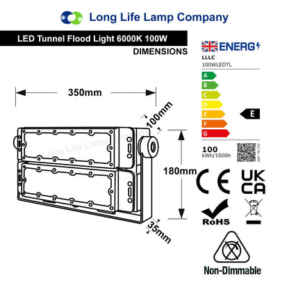100w LED Tunnel Light High Brightness Security Flood Light IP65 6000K - Energy Light Bulbs - Free delivery on all orders