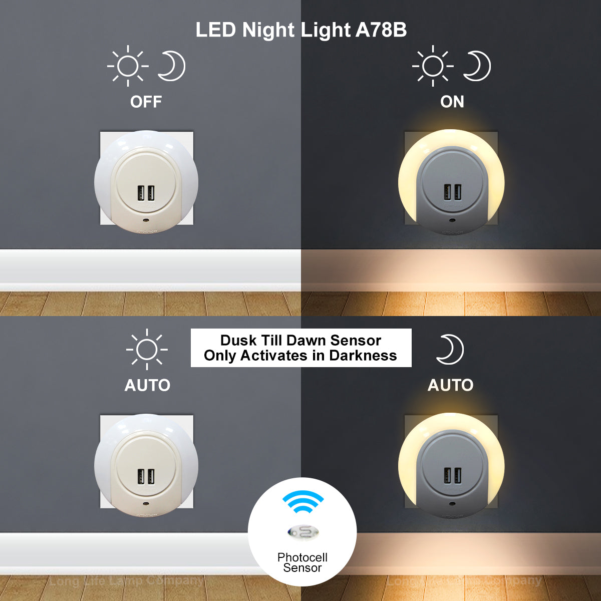 1w Warm White LED Night Light 2 USB Ports Automatic Sensor Dusk To Dawn A78B - Free delivery on all orders