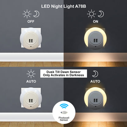 1w Warm White LED Night Light 2 USB Ports Automatic Sensor Dusk To Dawn A78B - Free delivery on all orders