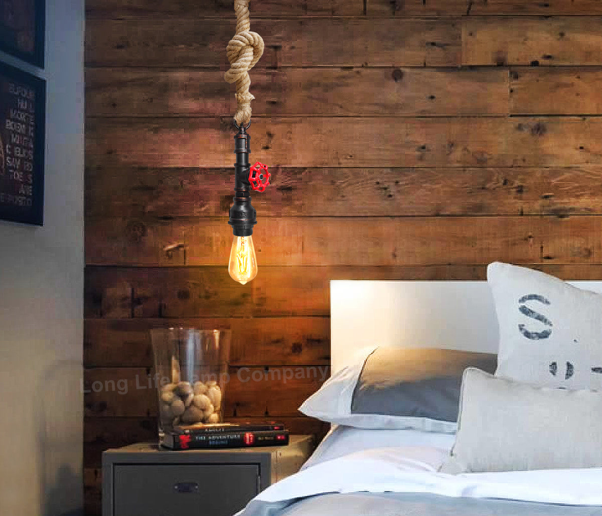 Industrial Water Pipe Vintage Ceiling Rope Pendant Light with Valve Tap M0168