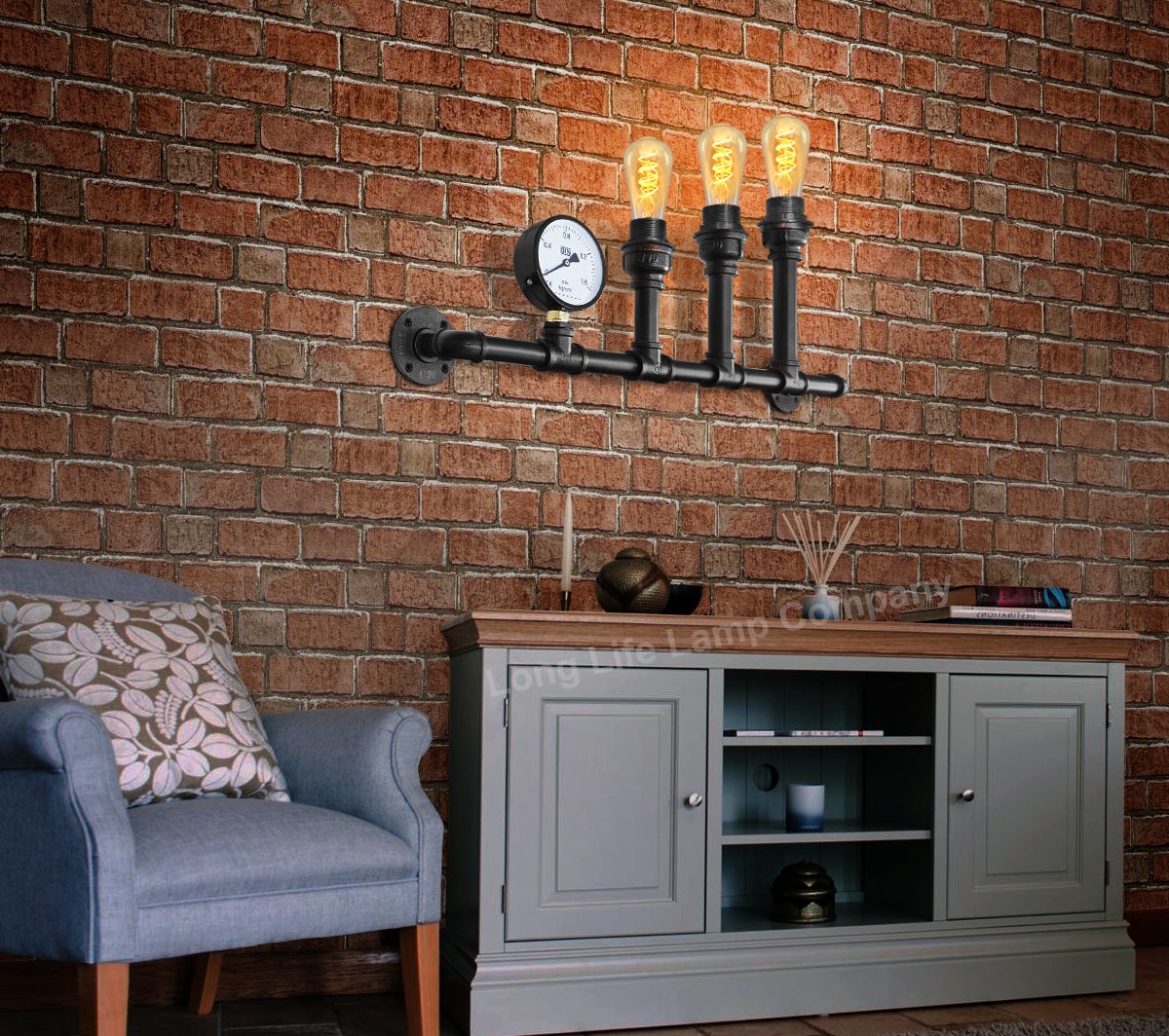 Vintage 3 Light Industrial Water Pipe Wall Lamp with Gauge - Free delivery on all orders