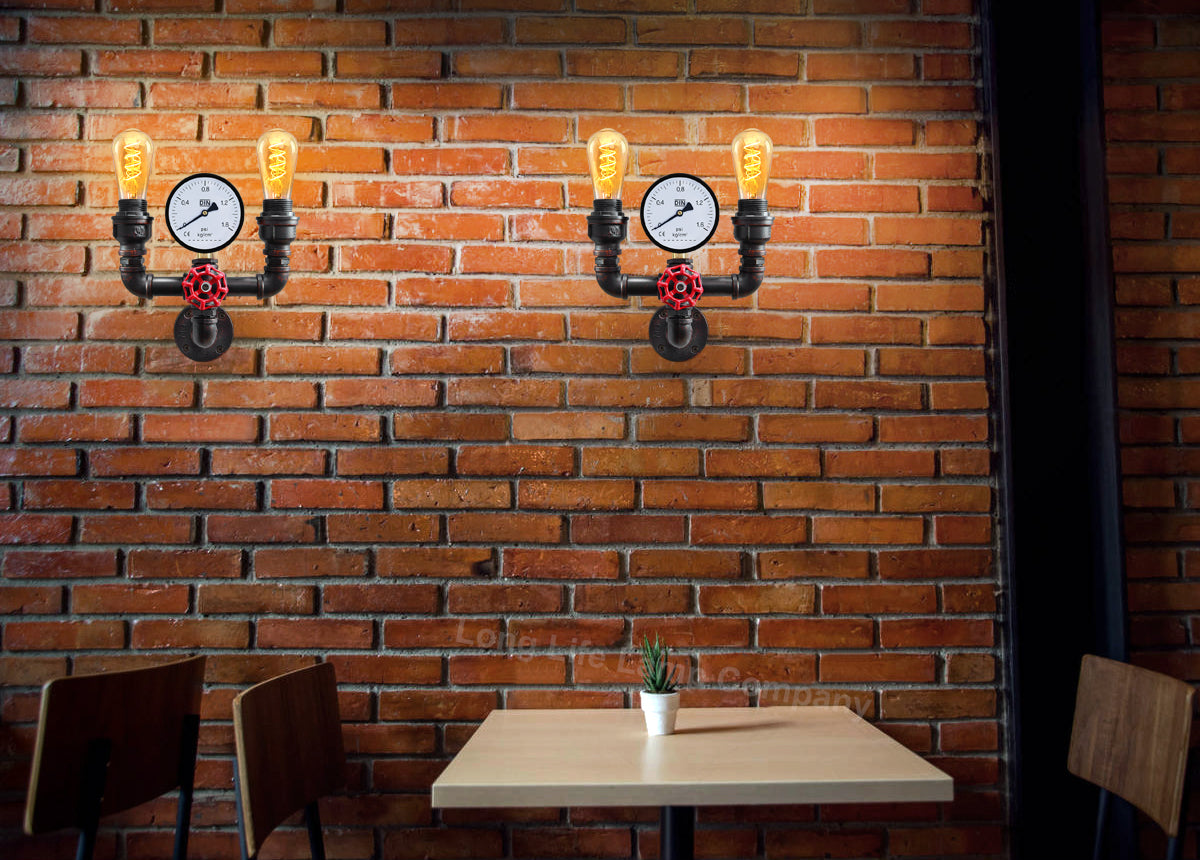 Twin Vintage Industrial Pipe Wall Light with Gauge Valve Tap M0190P - Free delivery on all orders