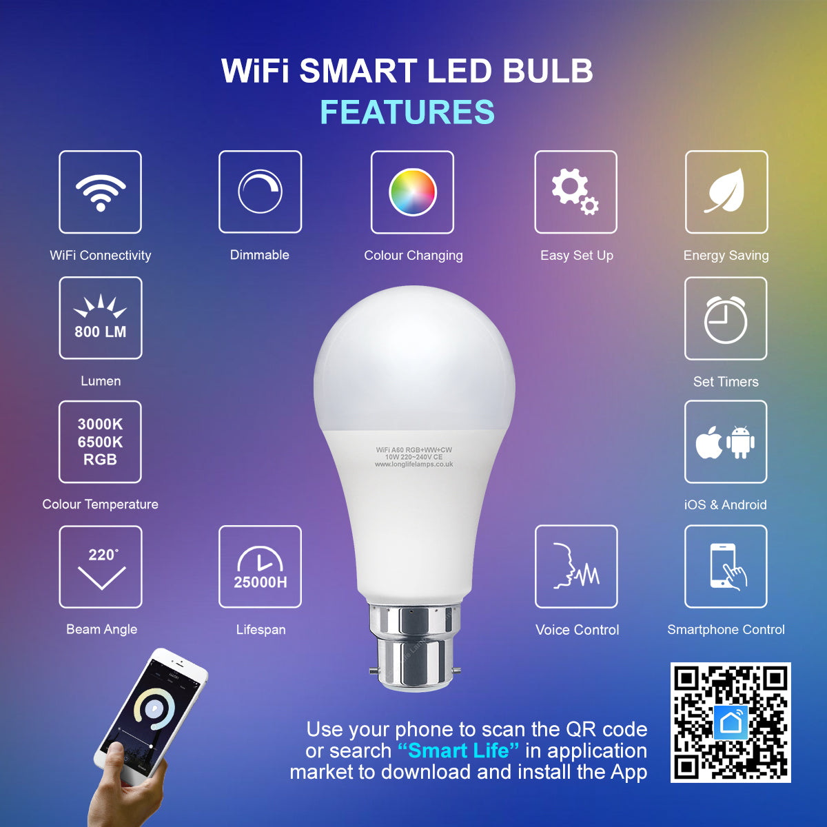 10W B22 LED Smart WiFi Light Bulb Colour Changing Mood Lamp