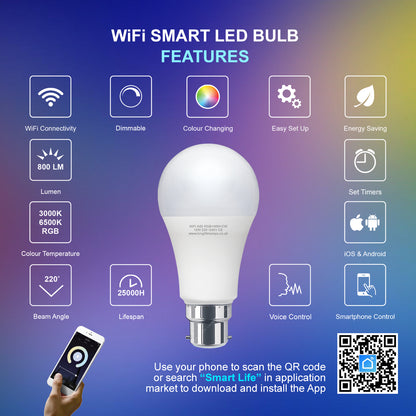 10W B22 LED Smart WiFi Light Bulb Colour Changing Mood Lamp