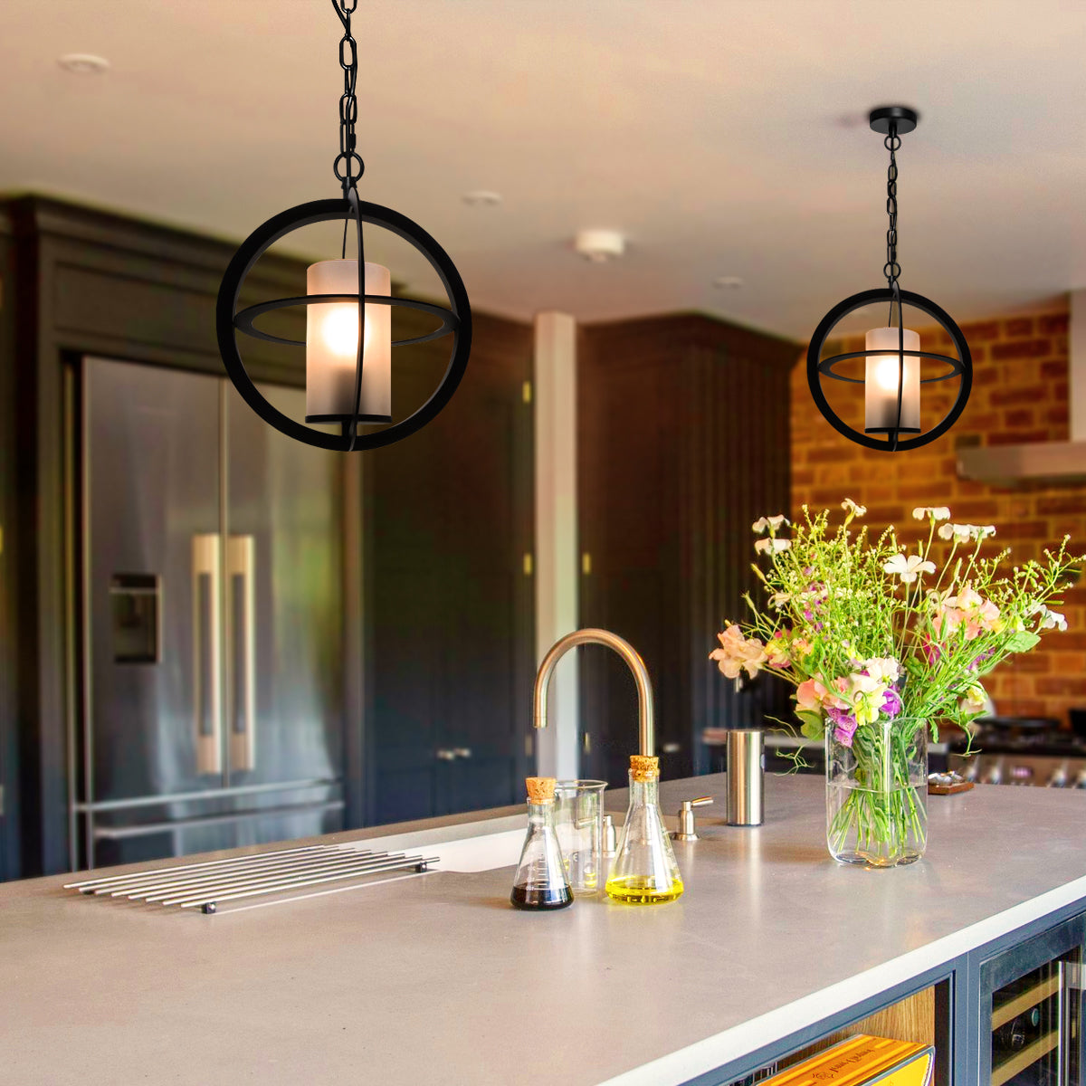 Industrial 3 Ring Ceiling Pendant Light Black Metal Chain Suspended Frosted Glass Lamp Shade