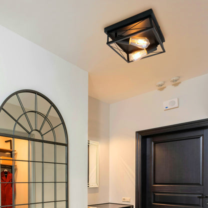 Industrial Black Ceiling Light Square 2 Light Box Lantern Flush Mounted