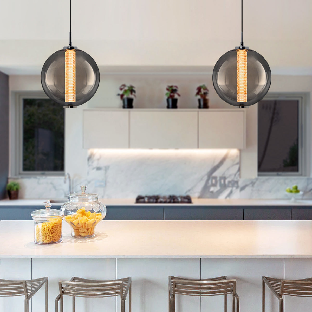 LED Globe Ceiling Pendant Light Smoked Grey Glass Lamp Shade Chrome Holder