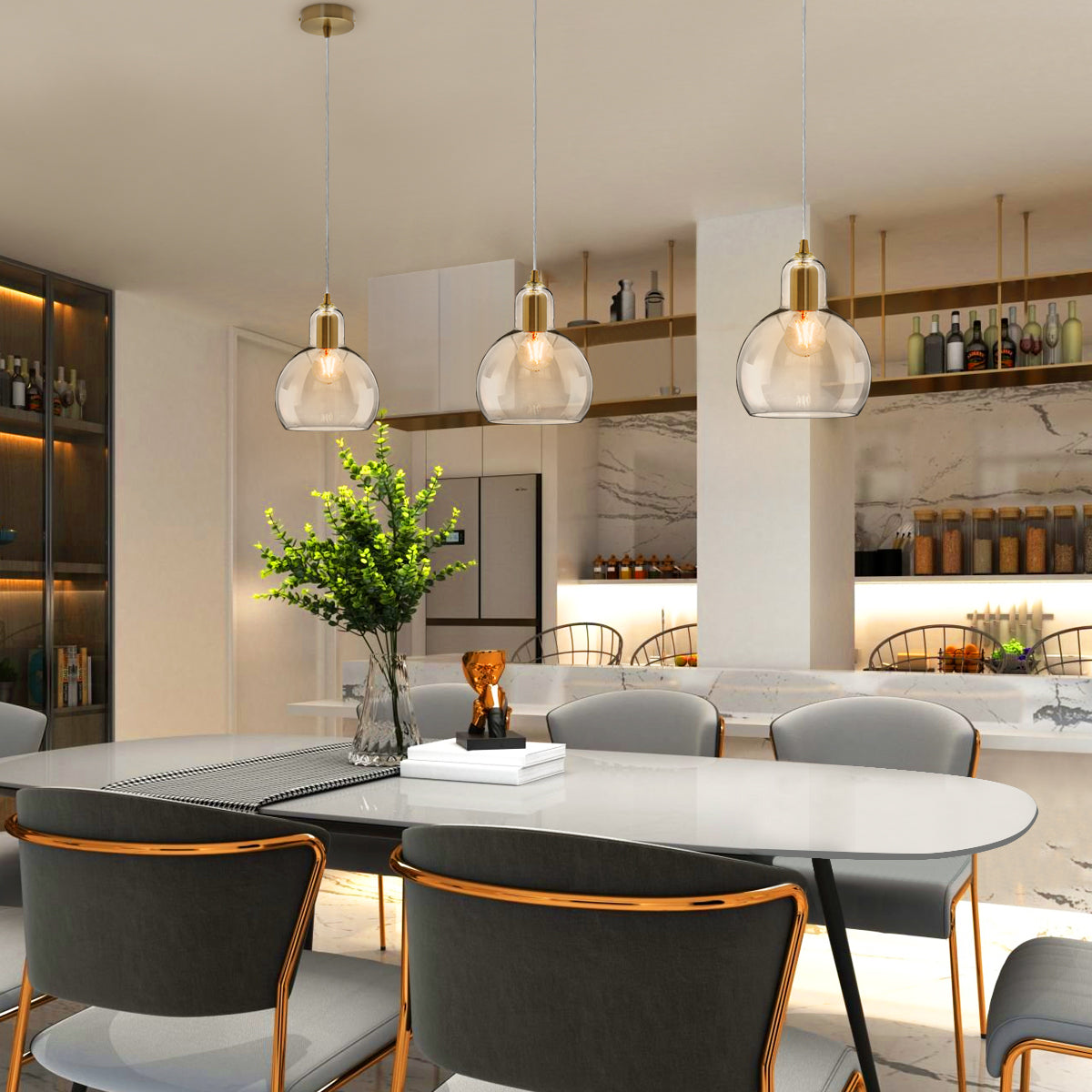 Modern Retro Ceiling Brass Pendant Light Transparent Globe Glass Lamp Shade
