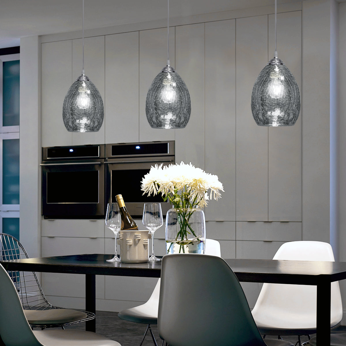 Retro Chrome Ceiling Pendant Light Fixture Grey Cracked Glass Oval Lamp shade