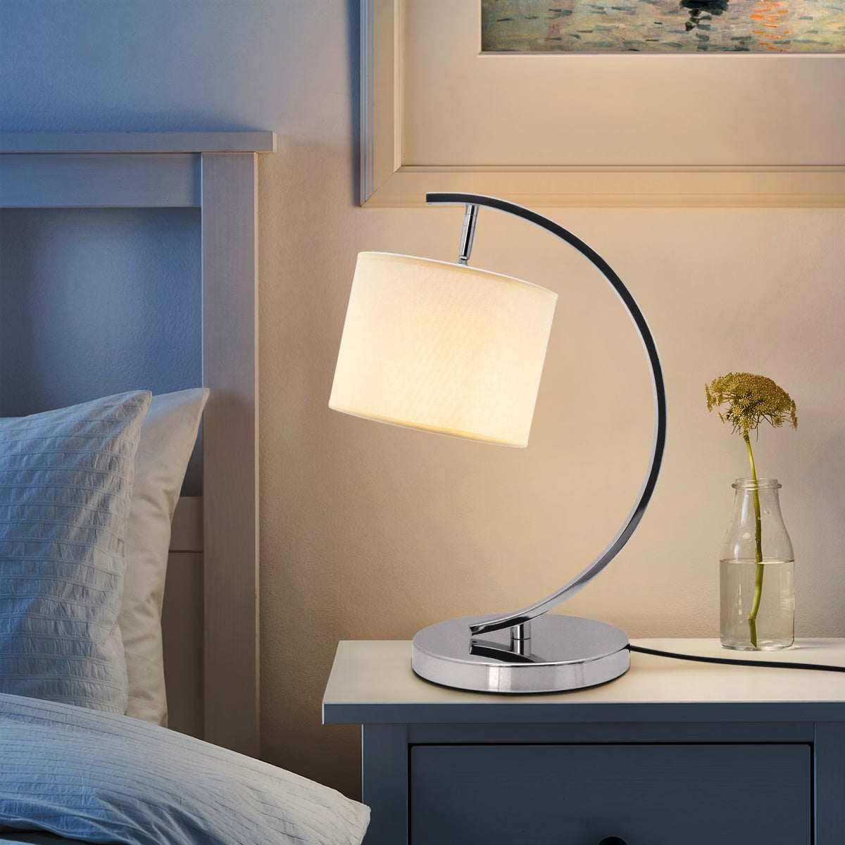 Modern Arched Chrome Table Lamp Fabric Lamp Shade Cream Drum T504