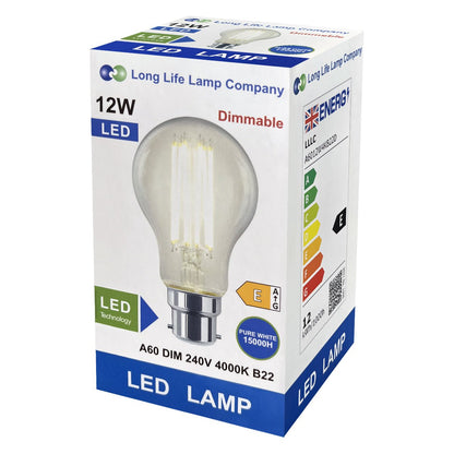 10W 12W LED A60 Filament Light Bulb 4000K Dimmable B22 Clear Glass 3 or 5 or 10 PACK - Energy Light Bulbs - Free delivery on all orders