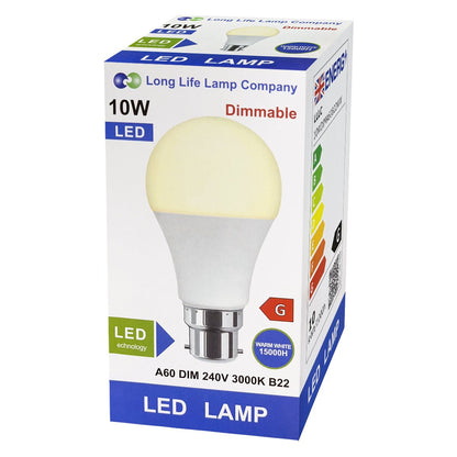 10w GLS Dimmable LED Warm White Light Bulb A60 B22 Bayonet Equivalent 100w - Energy Light Bulbs - Free delivery on all orders