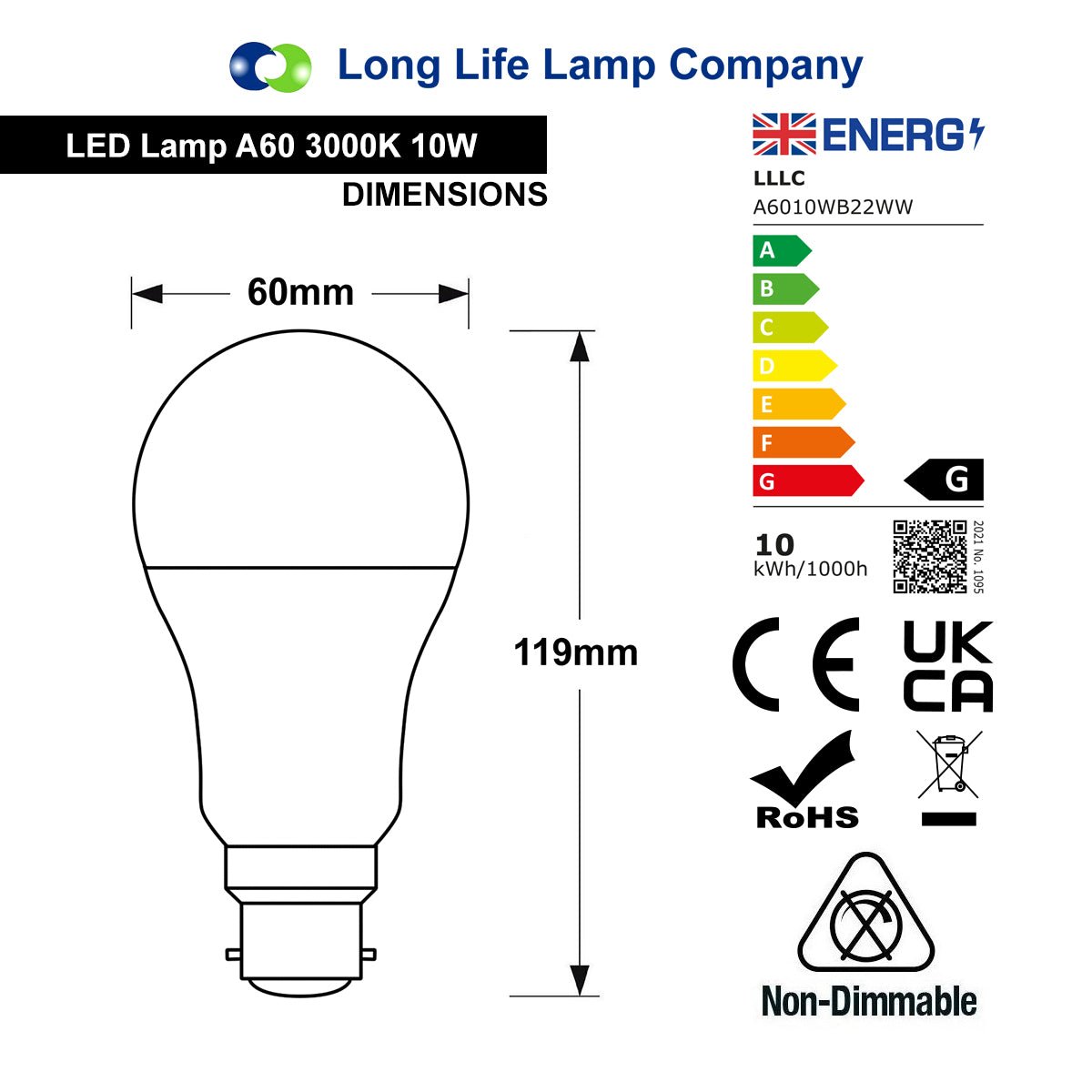 10w GLS LED Light Bulb B22 Bayonet Warm White A60 - Free delivery on all orders