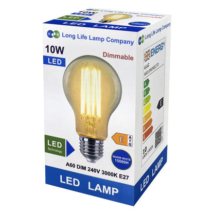 10W LED A60 Filament Light Bulb Dimmable 3000K E27 Clear Glass 3 or 5 or 10 PACK - Energy Light Bulbs - Free delivery on all orders