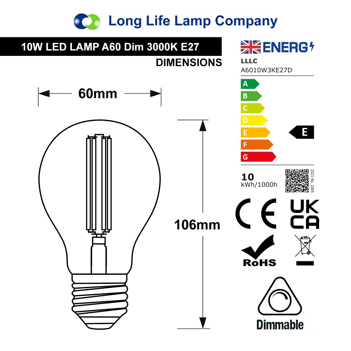 10W LED A60 Filament Light Bulb Dimmable 3000K E27 Clear Glass 3 or 5 or 10 PACK