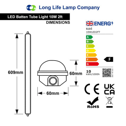 10w LED Batten Light Tri - Proof Fitting 2ft Replacement T8 Fluorescent IP66 - Energy Light Bulbs - Free delivery on all orders