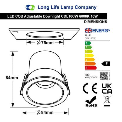 10W Round Ceiling Recessed LED Downlight Anti Glare Spotlight Adjustable Cool White - Energy Light Bulbs - Free delivery on all orders