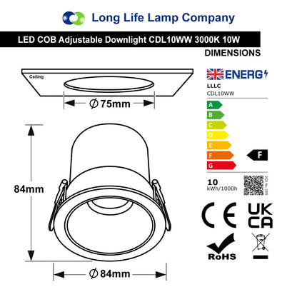 10W Round Ceiling Recessed LED Downlight Anti Glare Spotlight Adjustable Warm White - Energy Light Bulbs - Free delivery on all orders