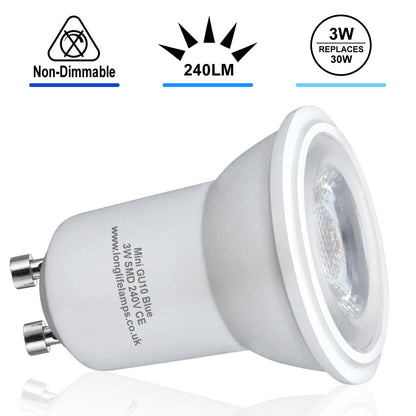 3w LED Mini GU10 Light Bulb Blue 35mm Halogen Replacement 240v