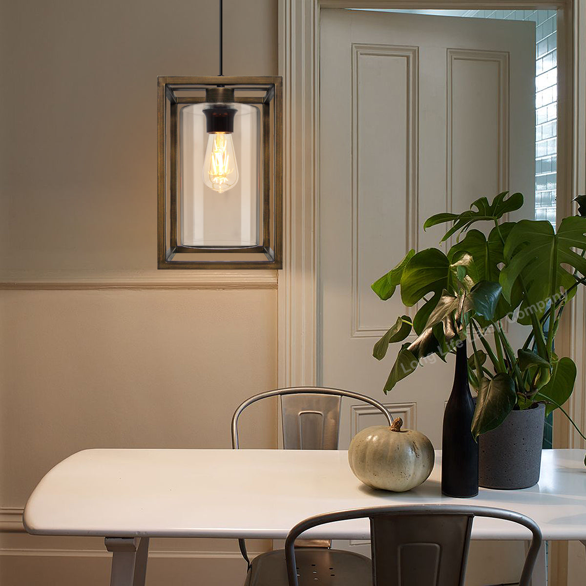 E27 Antique Brass Box Lantern Pendant Light 60W Clear Glass