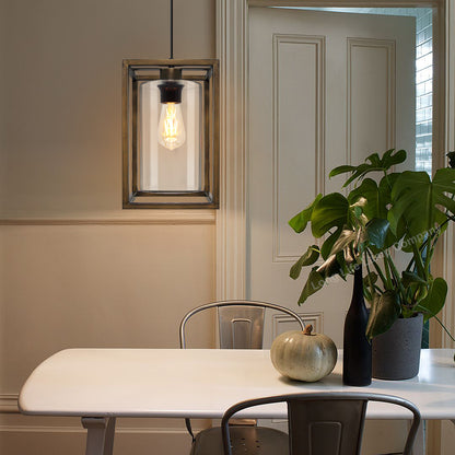 E27 Antique Brass Box Lantern Pendant Light 60W Clear Glass