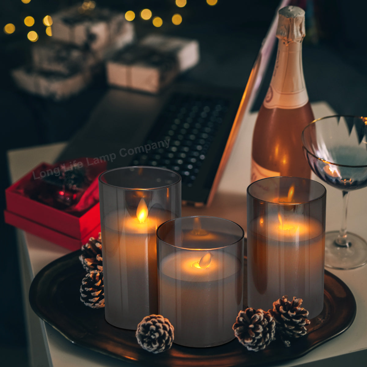 Set Of 3 USB Rechargeable LED Wax Smoked Grey Glass Flameless Candles With Remote Control