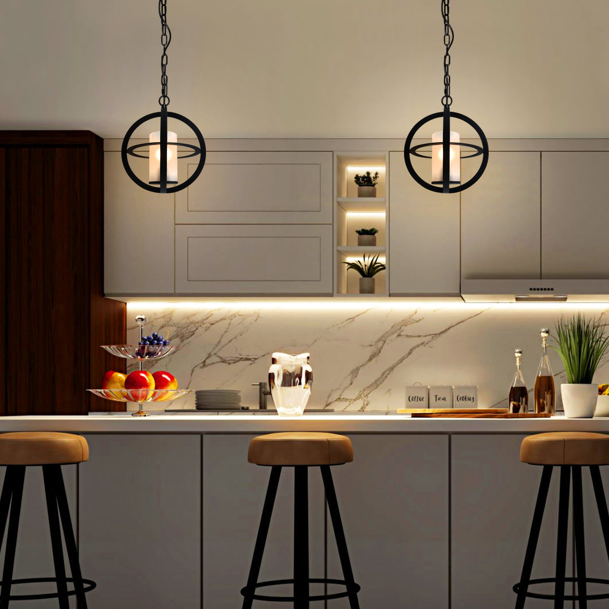 Industrial 3 Ring Ceiling Pendant Light Black Metal Chain Suspended Frosted Glass Lamp Shade