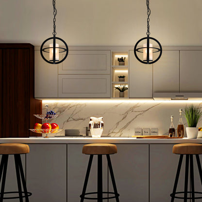 Industrial 3 Ring Ceiling Pendant Light Black Metal Chain Suspended Frosted Glass Lamp Shade
