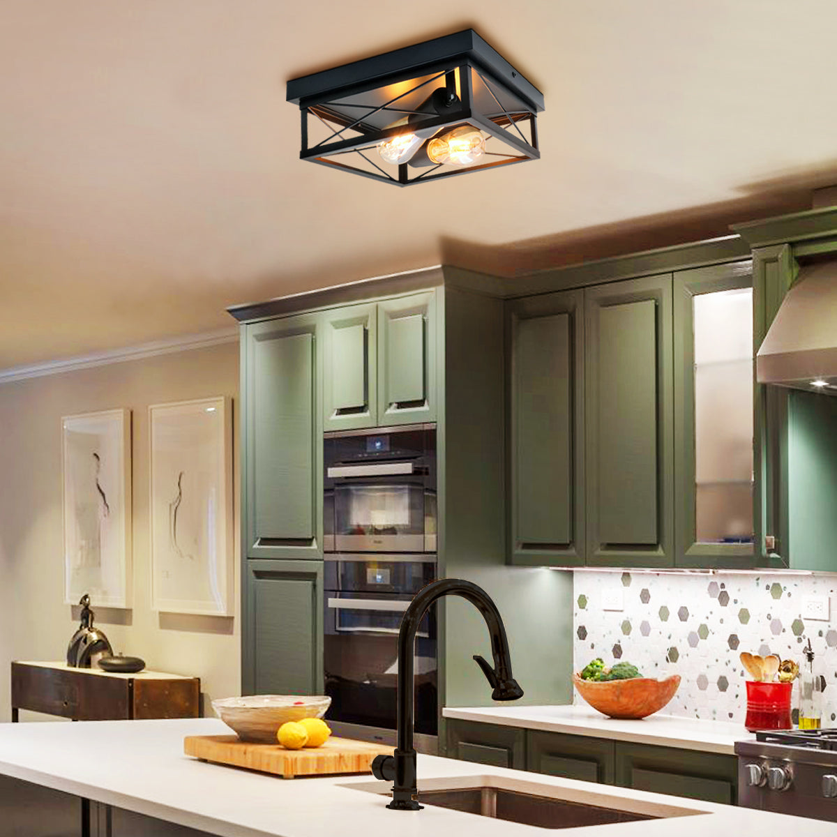 Industrial Black Ceiling Light Square 2 Light Box Lantern Flush Mounted
