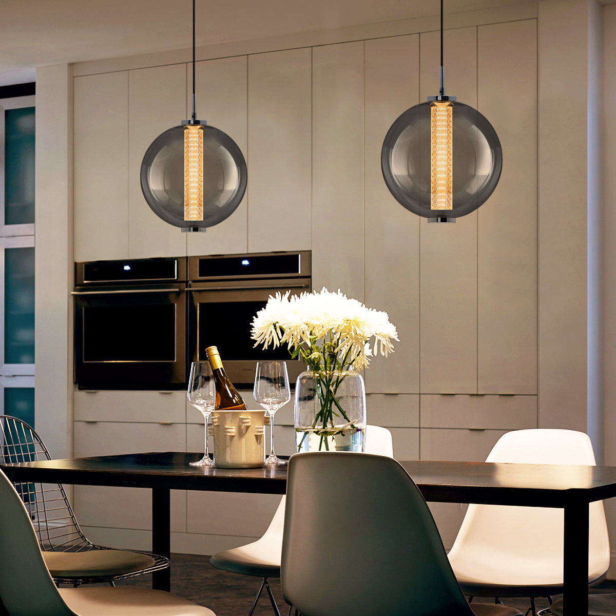 LED Globe Ceiling Pendant Light Smoked Grey Glass Lamp Shade Chrome Holder