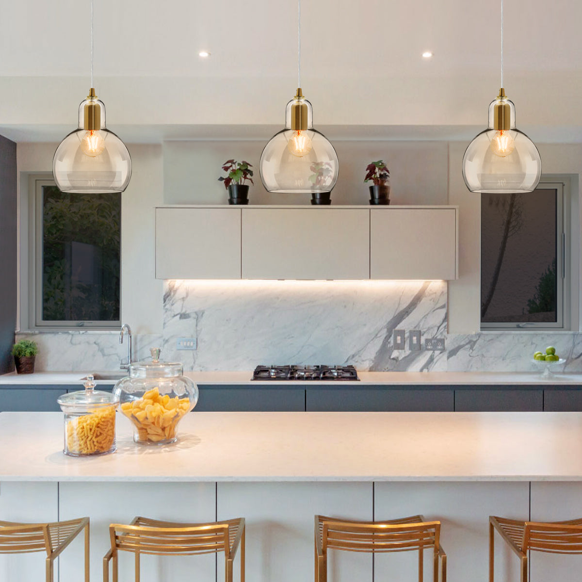 Modern Retro Ceiling Brass Pendant Light Transparent Globe Glass Lamp Shade