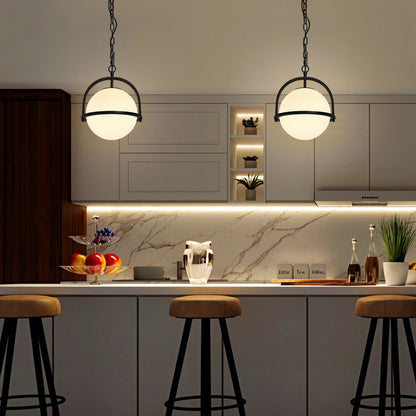 Industrial Nautical Ceiling Pendant Light Opal Globe Glass Black Chain Suspended