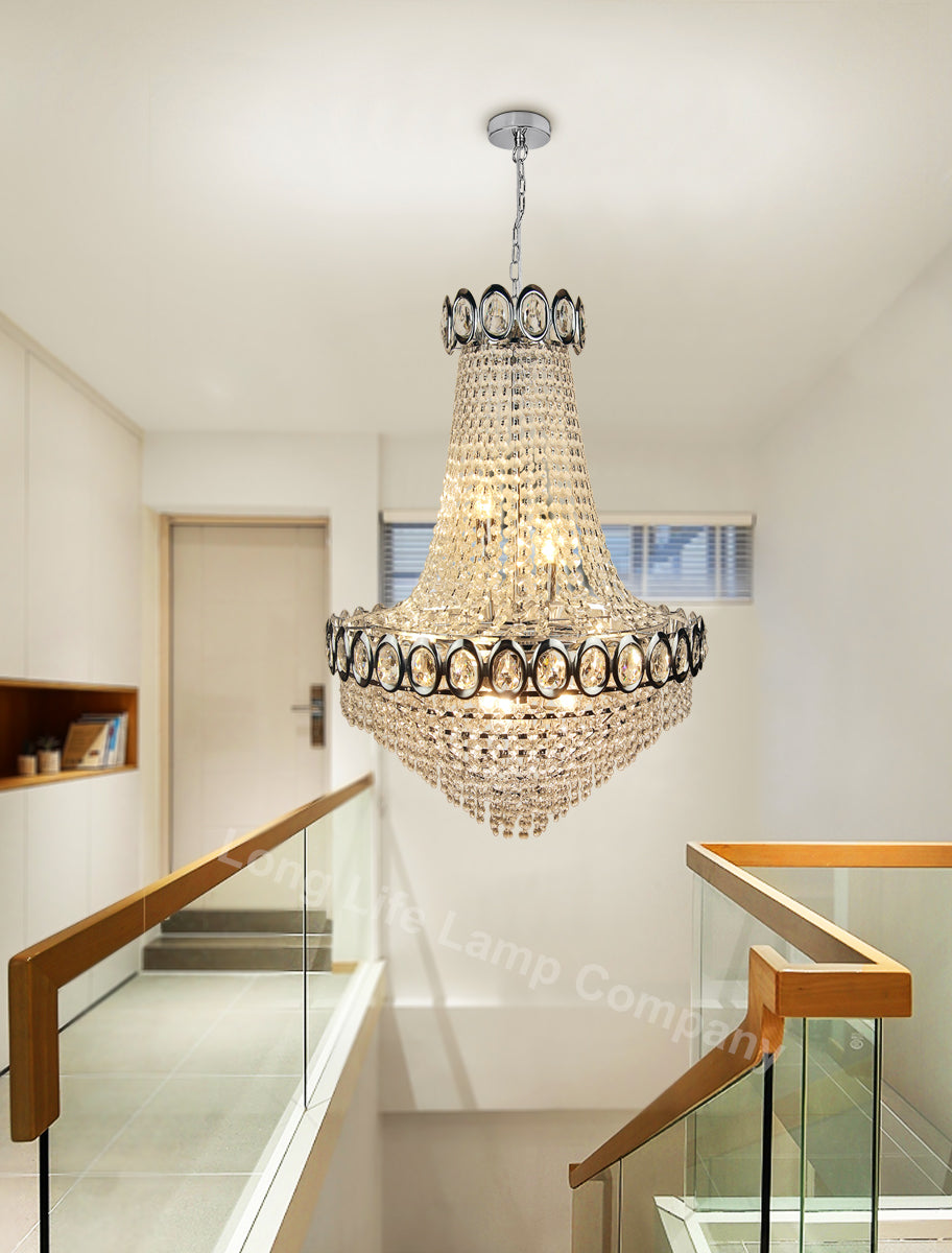 Large Ceiling Crystal Pendant Chandelier Suspended Chrome Frame Cascading Droplets