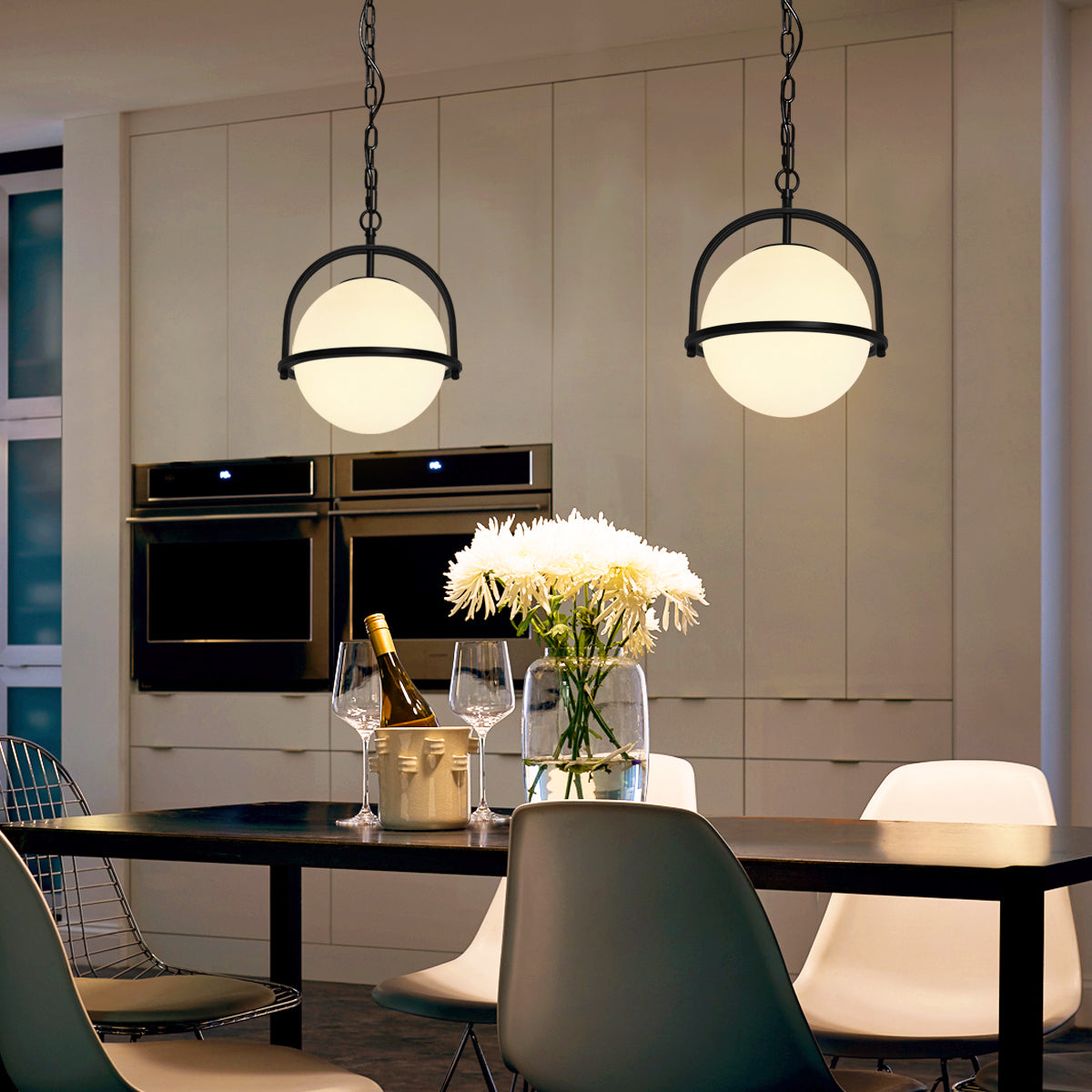 Industrial Nautical Ceiling Pendant Light Opal Globe Glass Black Chain Suspended