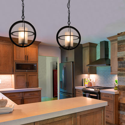 Industrial 3 Ring Ceiling Pendant Light Black Metal Chain Suspended Frosted Glass Lamp Shade